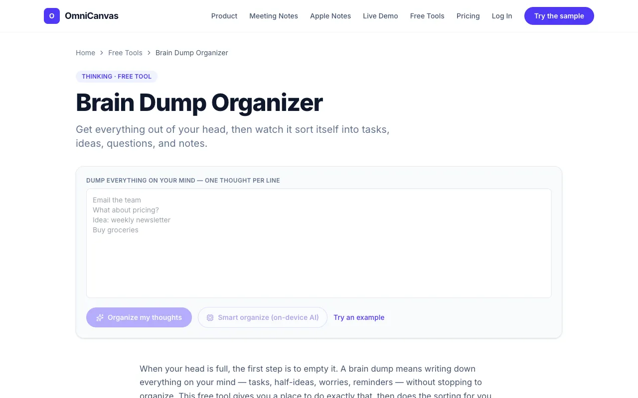 Screenshot of Brain Dump Organizer