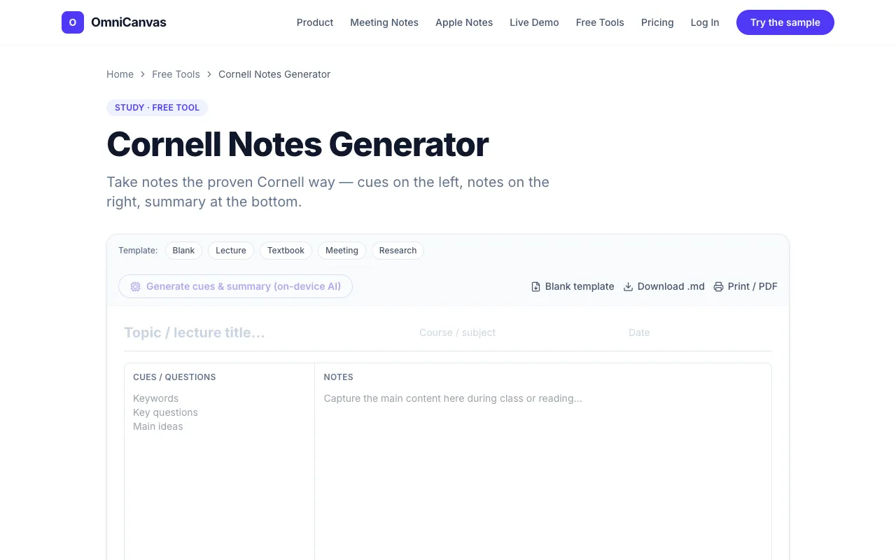Screenshot of Cornell Notes Generator