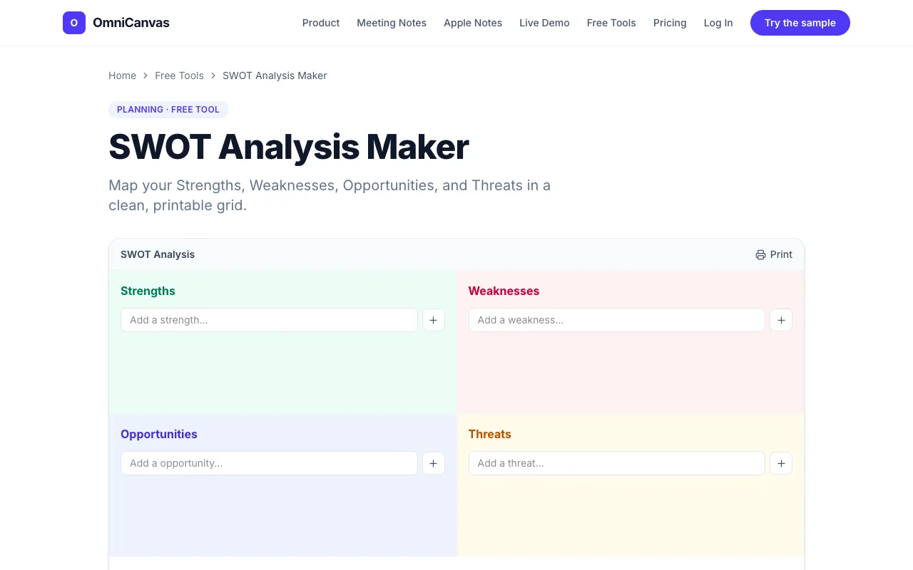 Screenshot of SWOT Analysis Maker