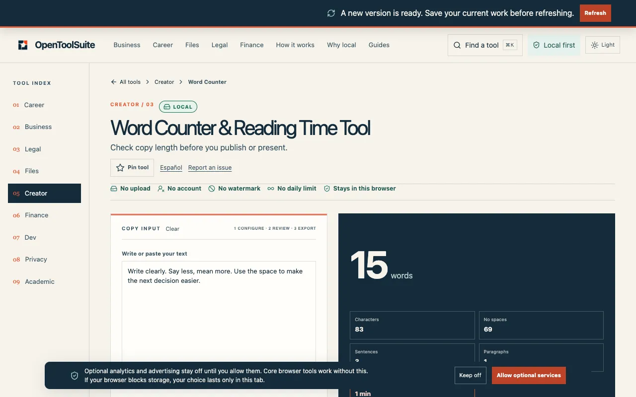 Screenshot of Word Counter & Reading Time on OpenToolSuite