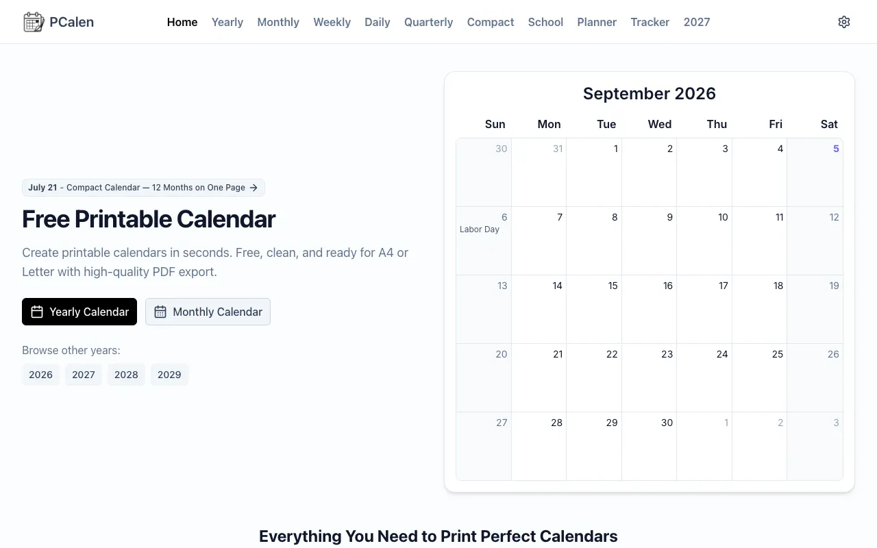 Screenshot of Printable Calendar Generator