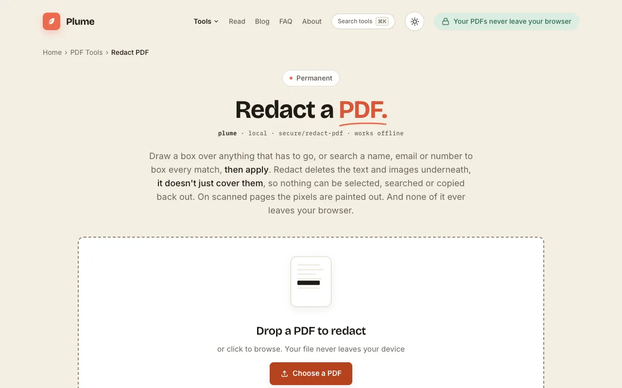 Screenshot of Redact PDF on PlumeDocs