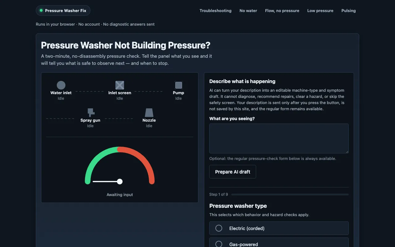 Screenshot of Pressure Washer Diagnostic