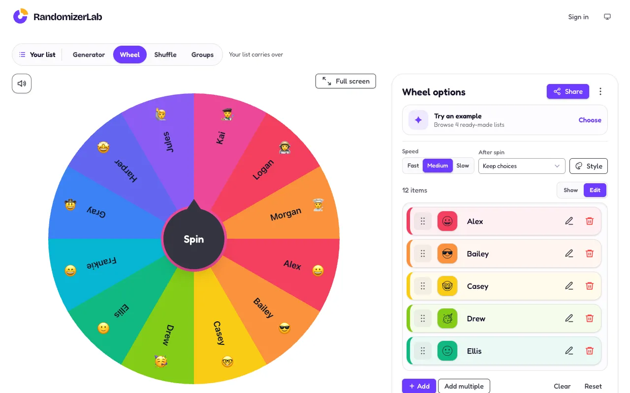 Screenshot of Wheel Spinner