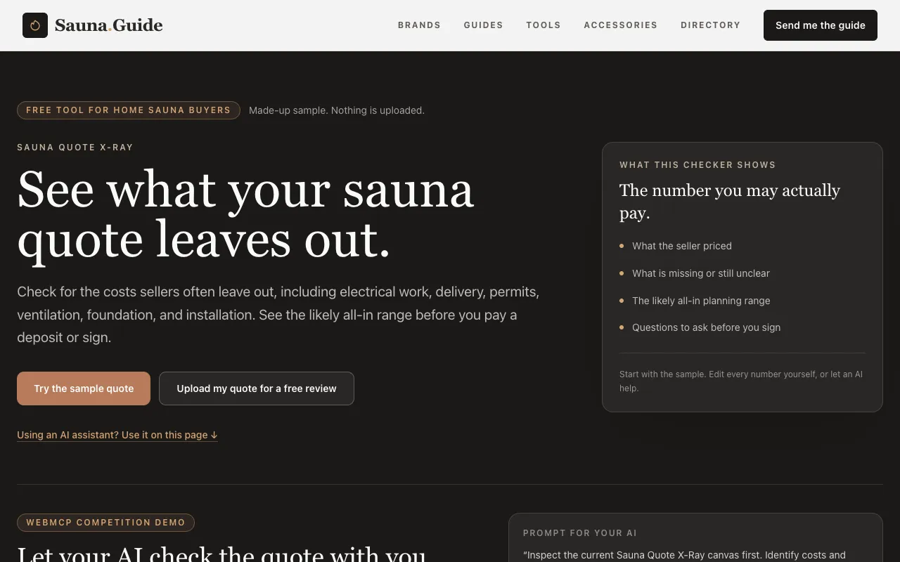 Screenshot of Sauna Quote Reviewer