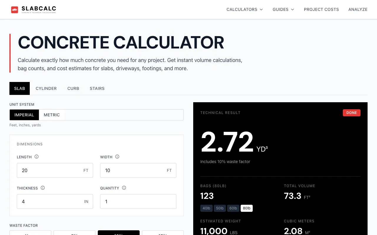 Screenshot of Concrete Calculator Suite