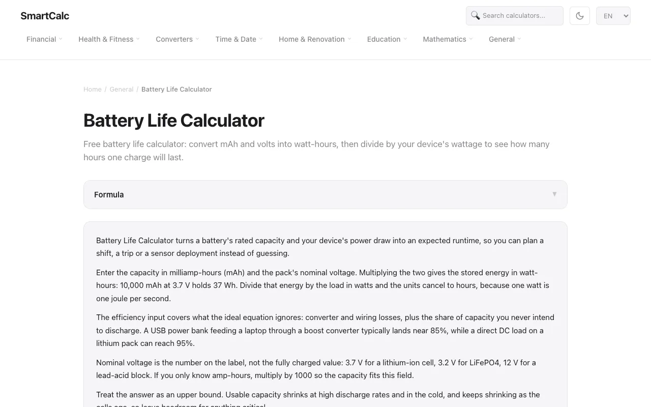 Screenshot of Battery Life Calculator on SmartCalc