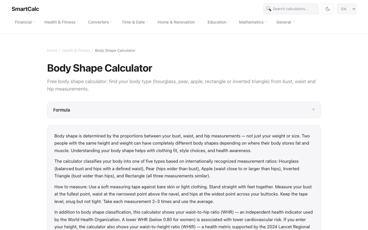 Screenshot of Body Shape Calculator on SmartCalc