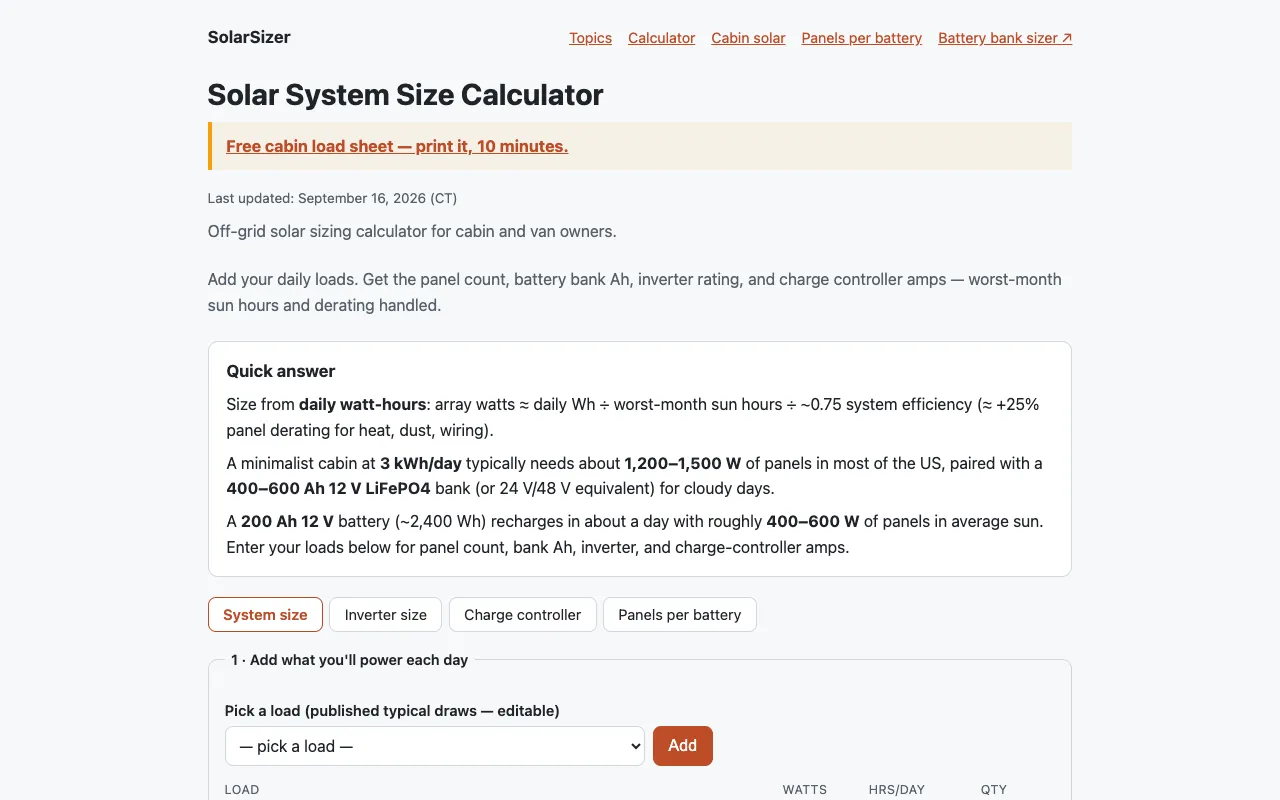 Screenshot of Solar Panel Sizer on Solar Sizer