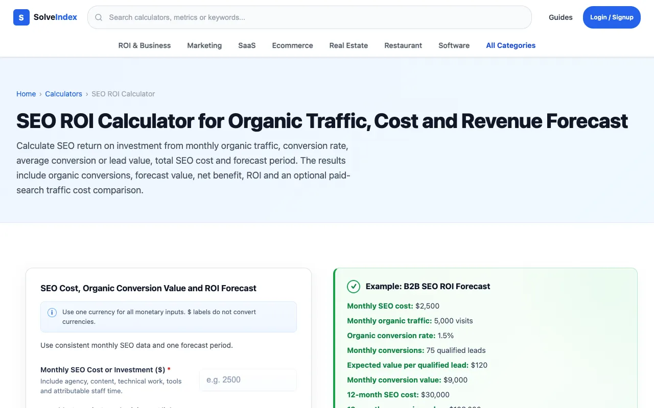 Screenshot of SEO ROI Calculator