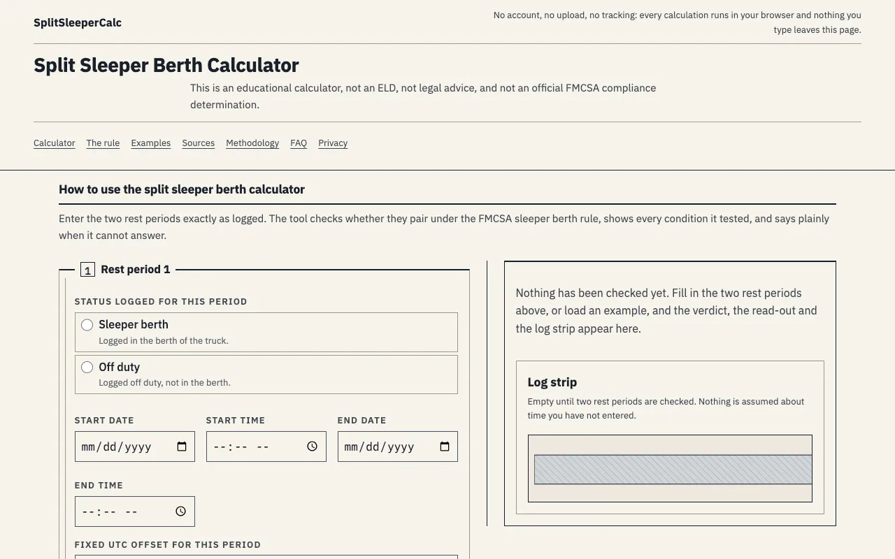 Screenshot of Split Sleeper Berth Calculator