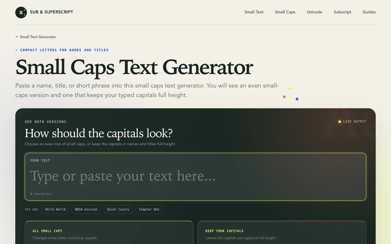 Screenshot of Small Caps Generator on Sub & Superscript