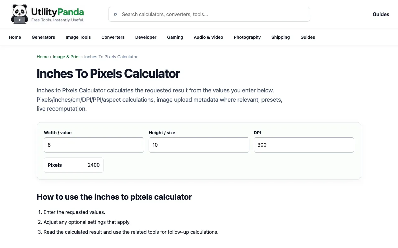 Screenshot of Inches to Pixels Calculator