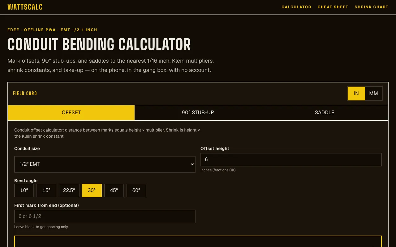 Screenshot of Conduit Bending Calculator