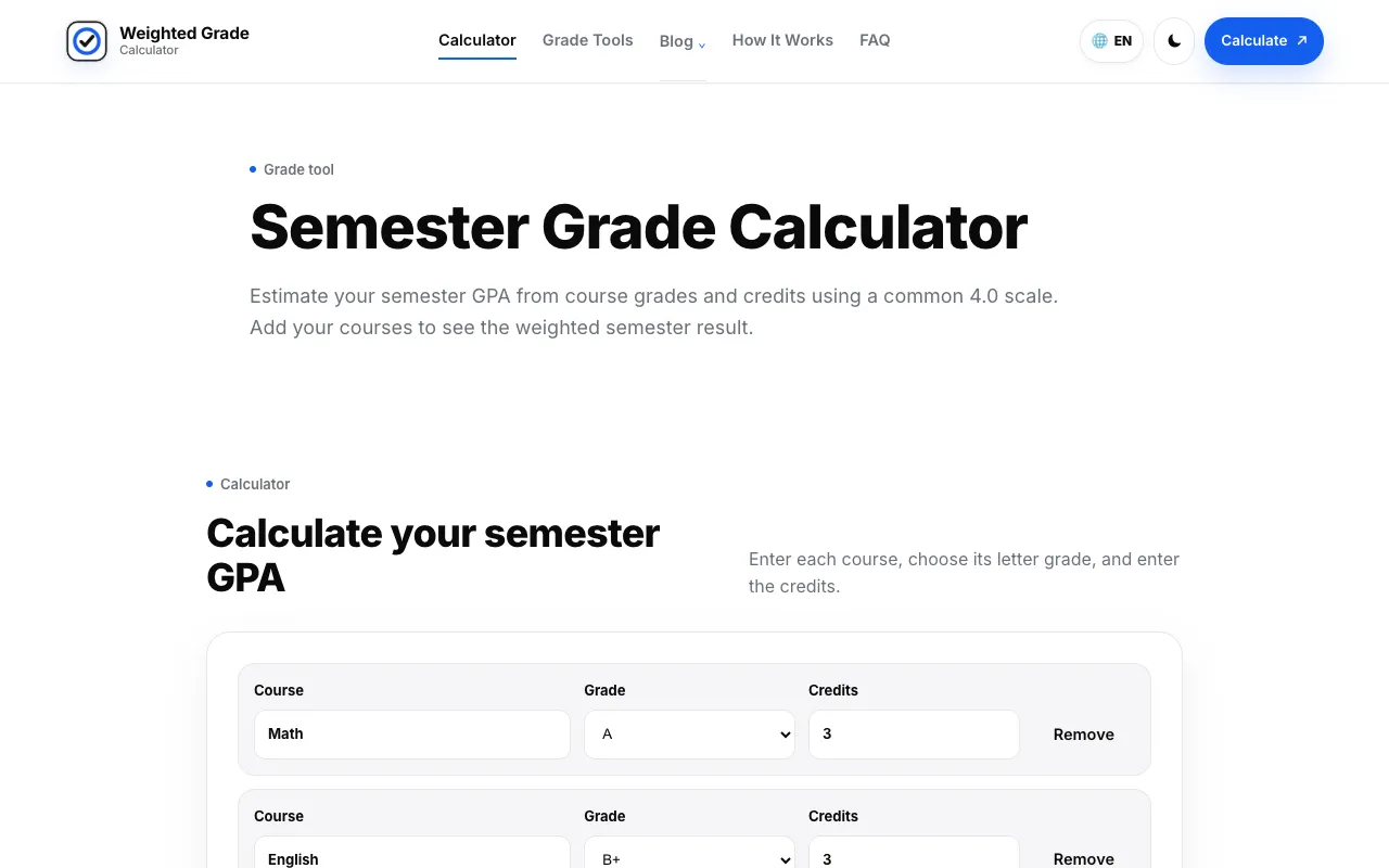 Screenshot of Weighted Grade Calculator