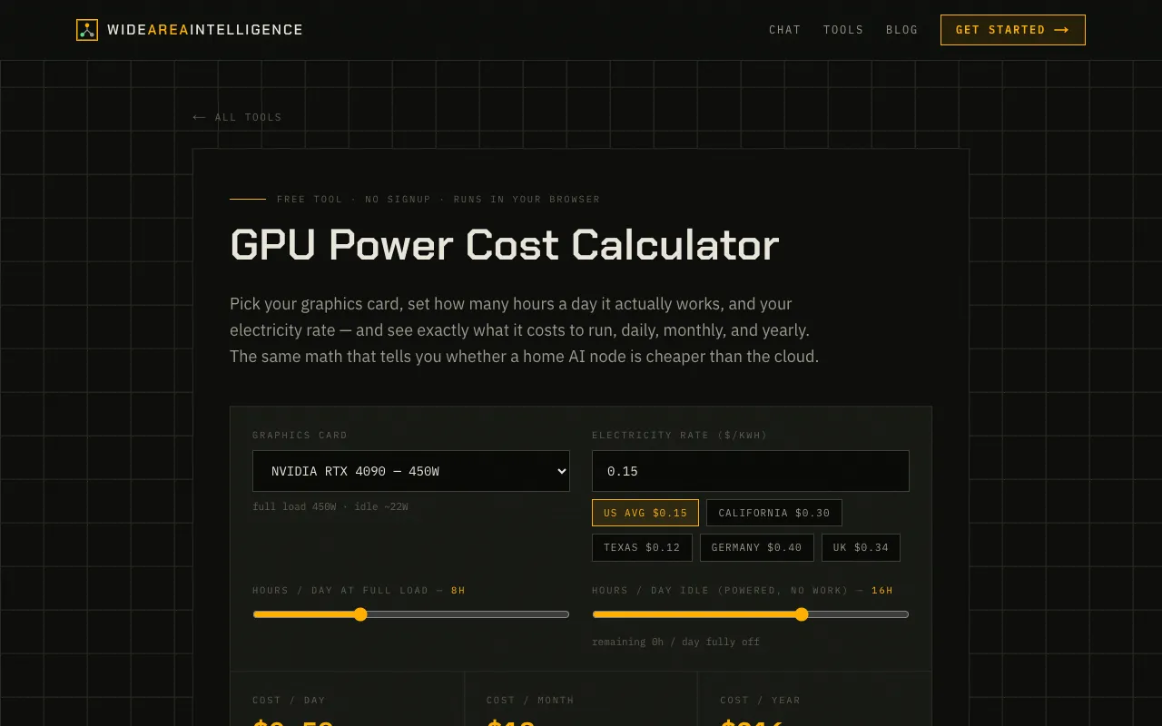Screenshot of GPU Power Cost Calculator