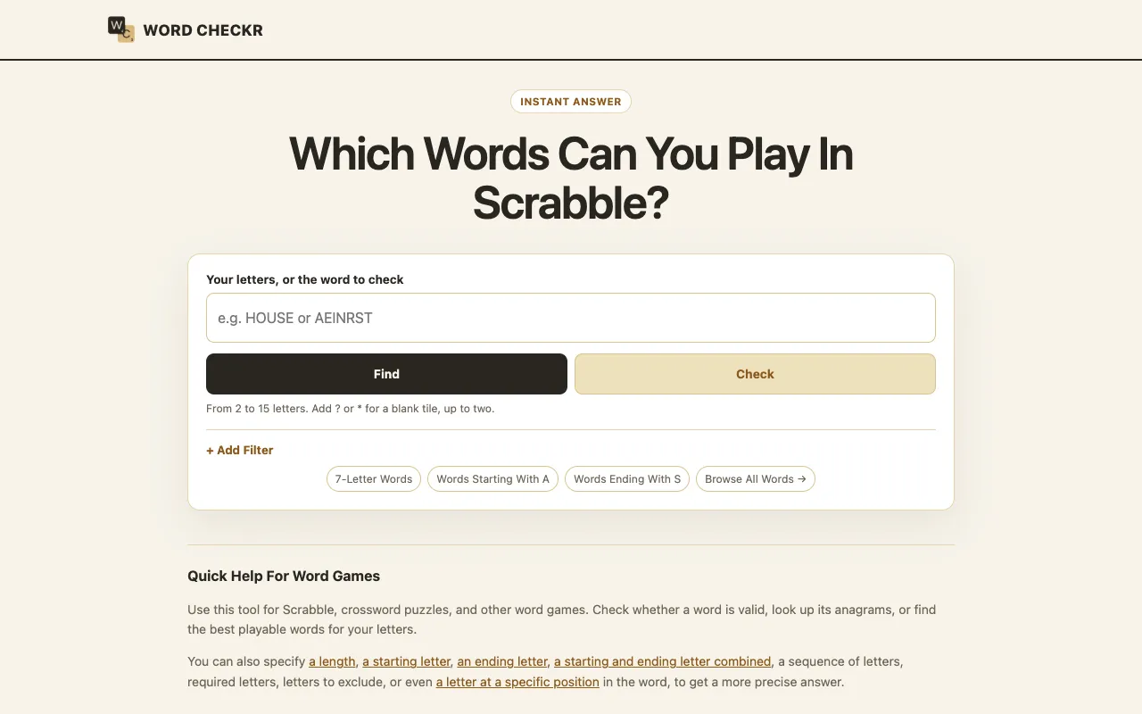 Screenshot of Scrabble Word Checker
