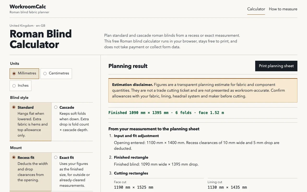 Screenshot of Roman Blind Calculator