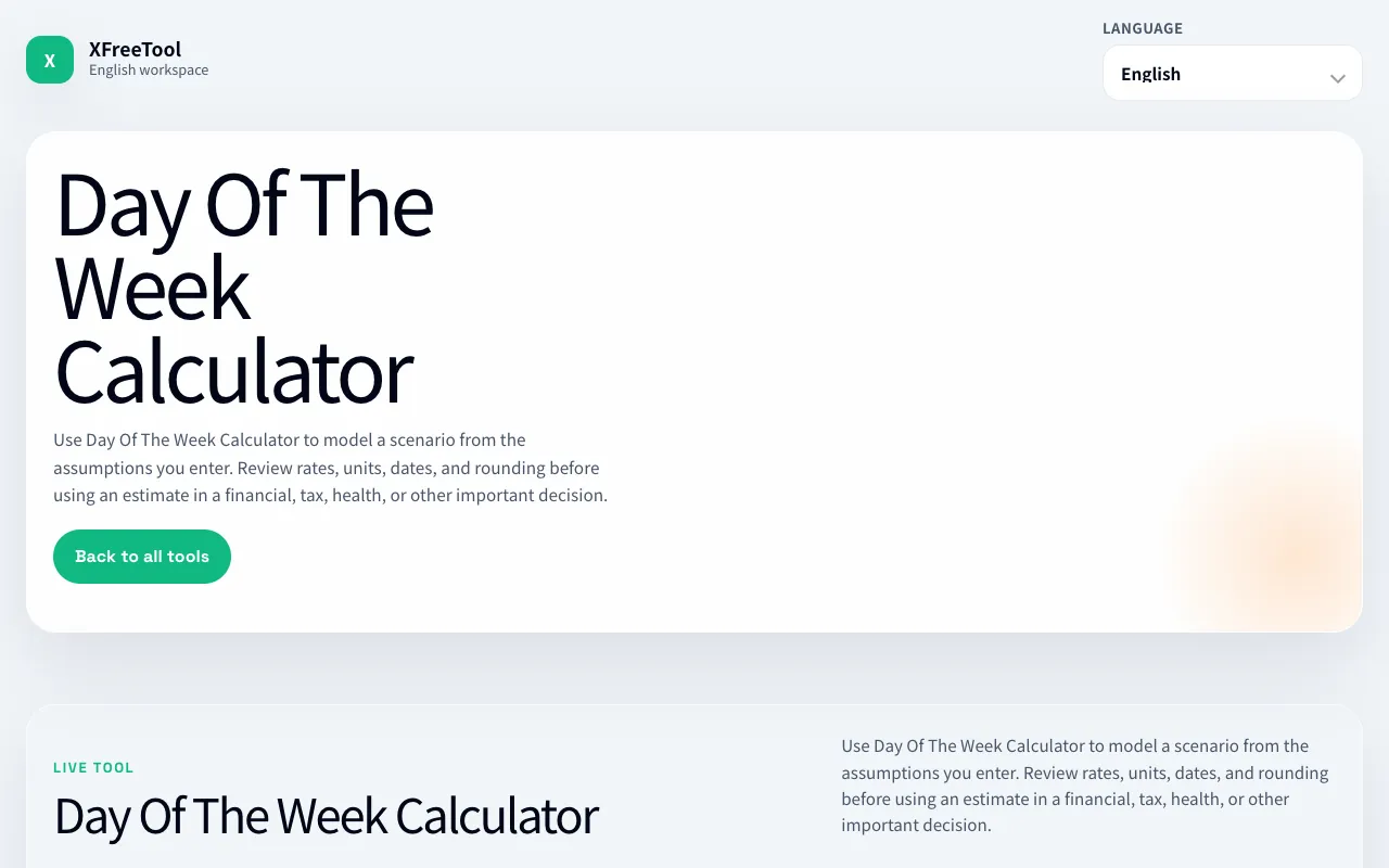 Screenshot of Day of the Week Calculator on XFreeTool